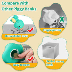 H&W Dino Money Bank mint green bottom plug close-up, simple coin retrieval