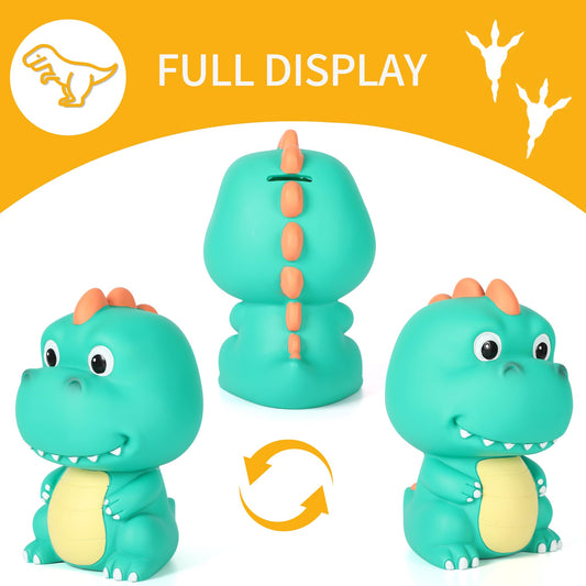 H&W Dino Money Bank mint green side view, toddler-tough and easy to handle