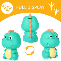 H&W Dino Money Bank mint green side view, toddler-tough and easy to handle