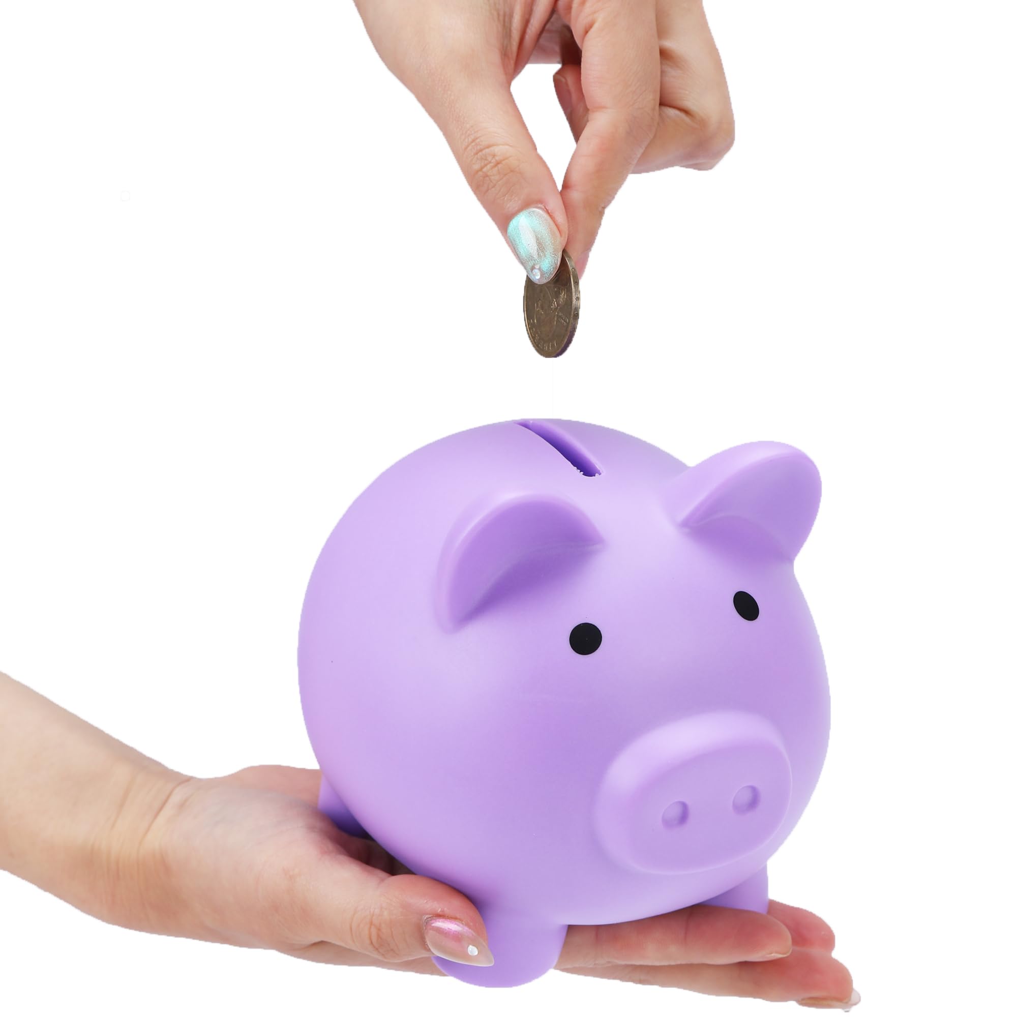 H&W piggy bank features a wide top slot for easy coins.