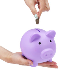 H&W piggy bank features a wide top slot for easy coins.