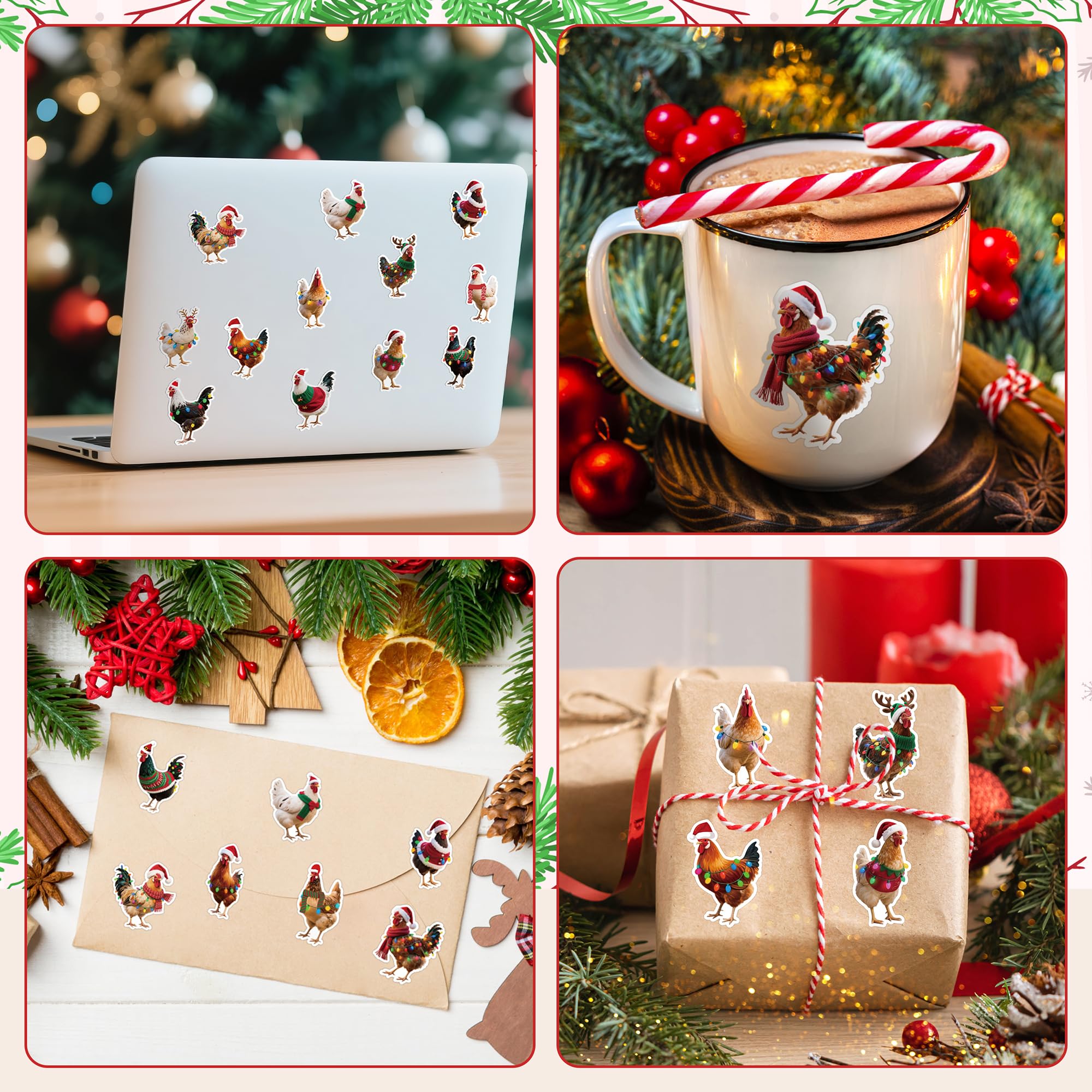 H1vojoxo Christmas chicken sticker packaging close-up highlights bulk quantity for parties.