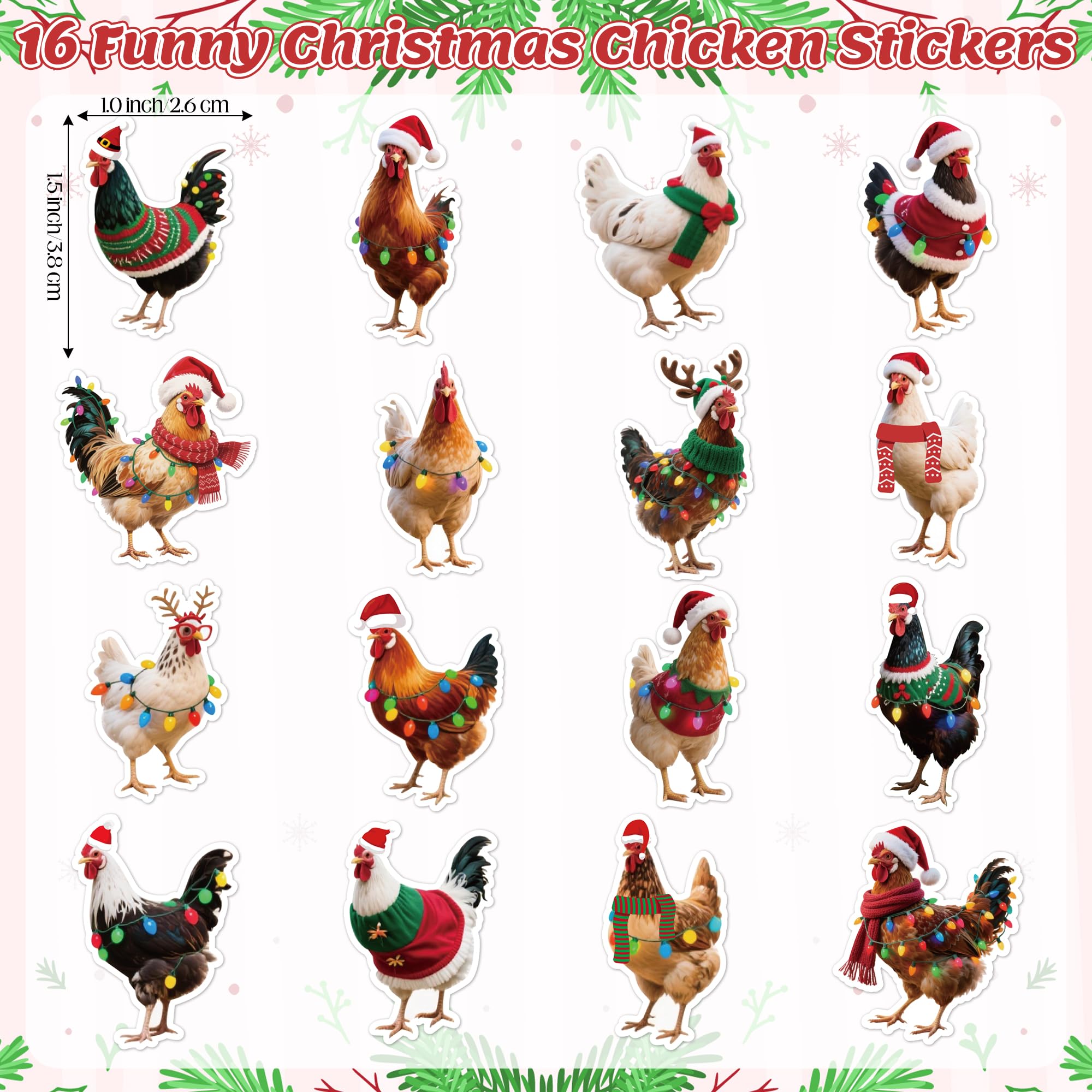 H1vojoxo Christmas chicken sticker roll 1 close-up showing eight playful designs.