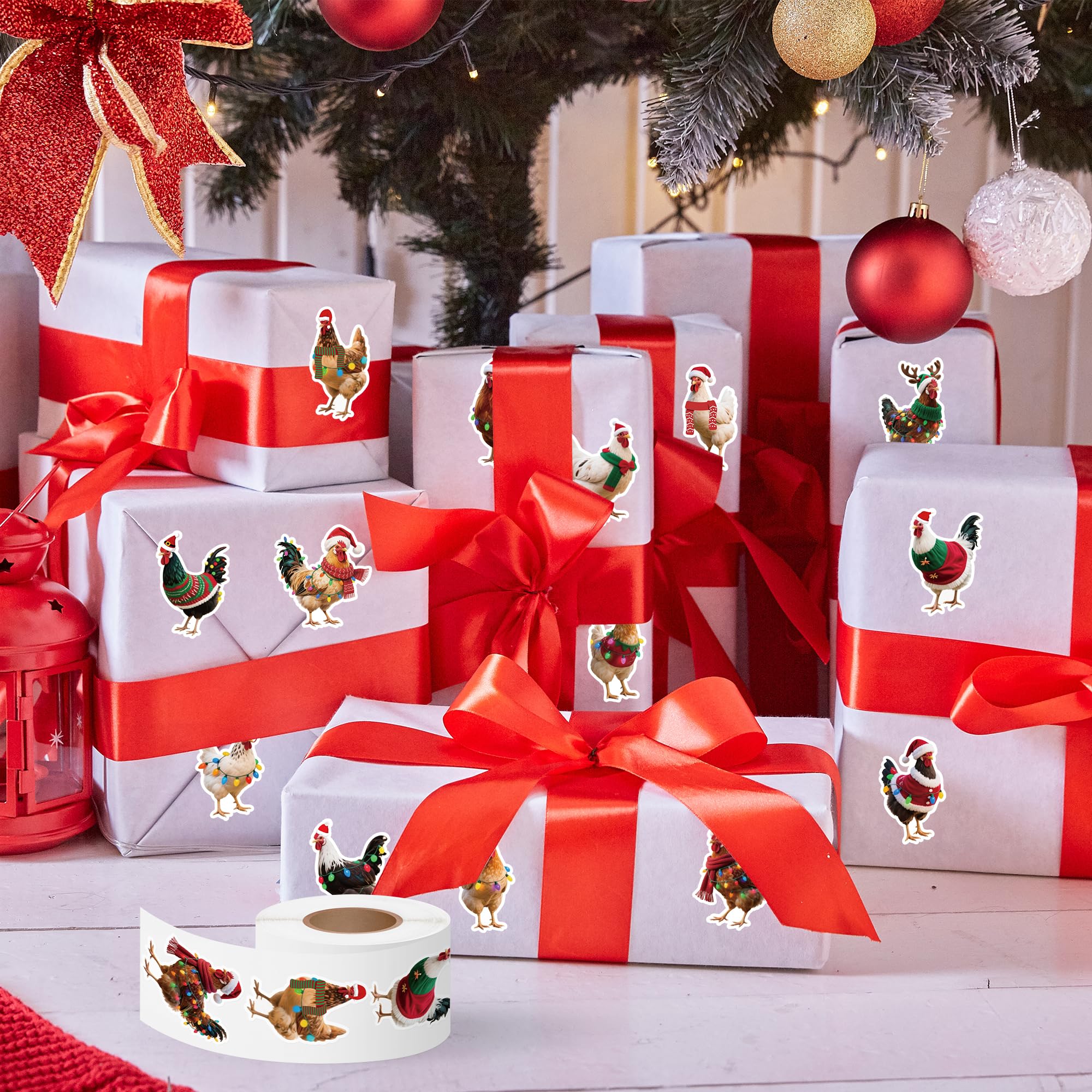 H1vojoxo Christmas chicken sticker roll 2 close-up with self-adhesive backs.