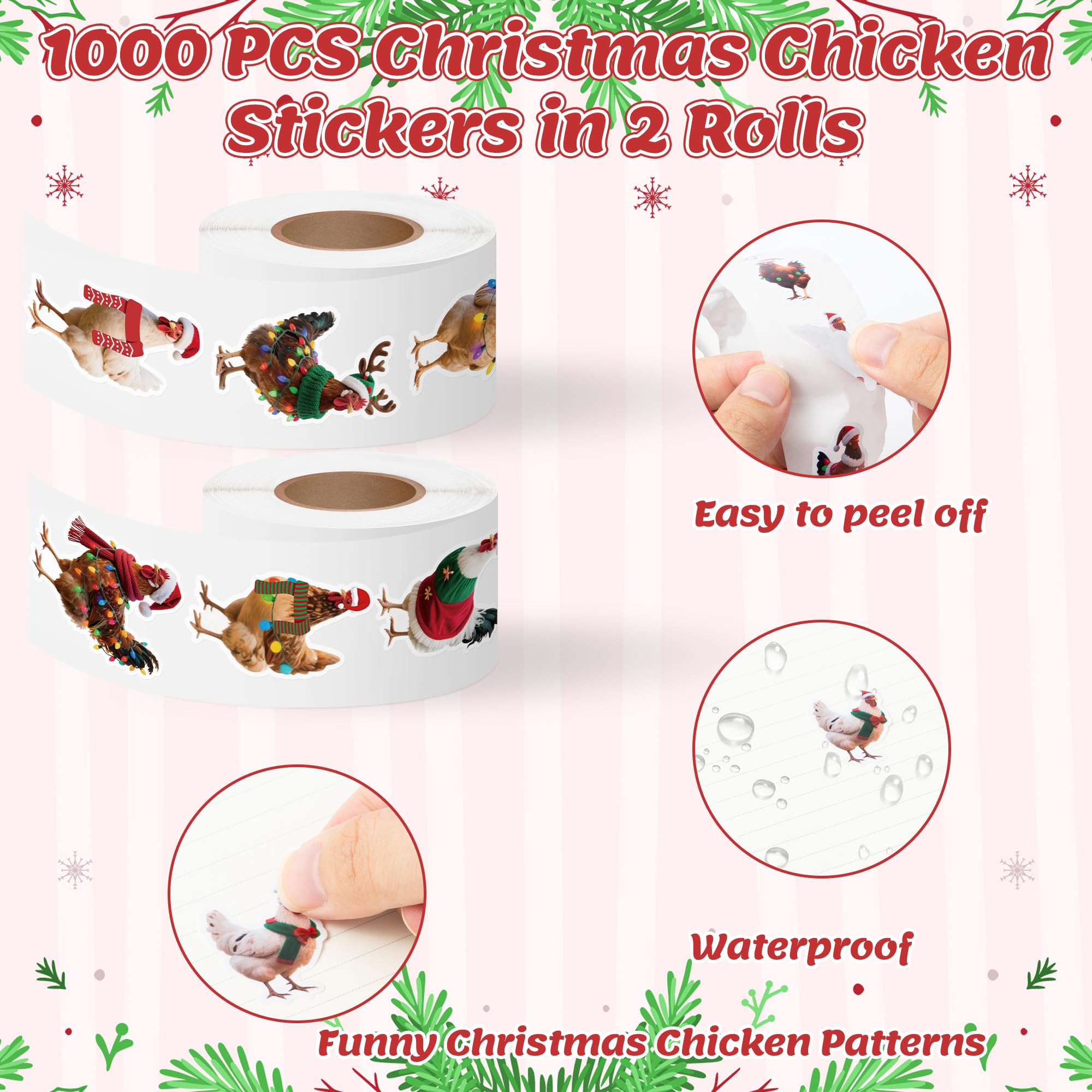H1vojoxo Christmas chicken sticker roll 2 front view for versatile decorating.