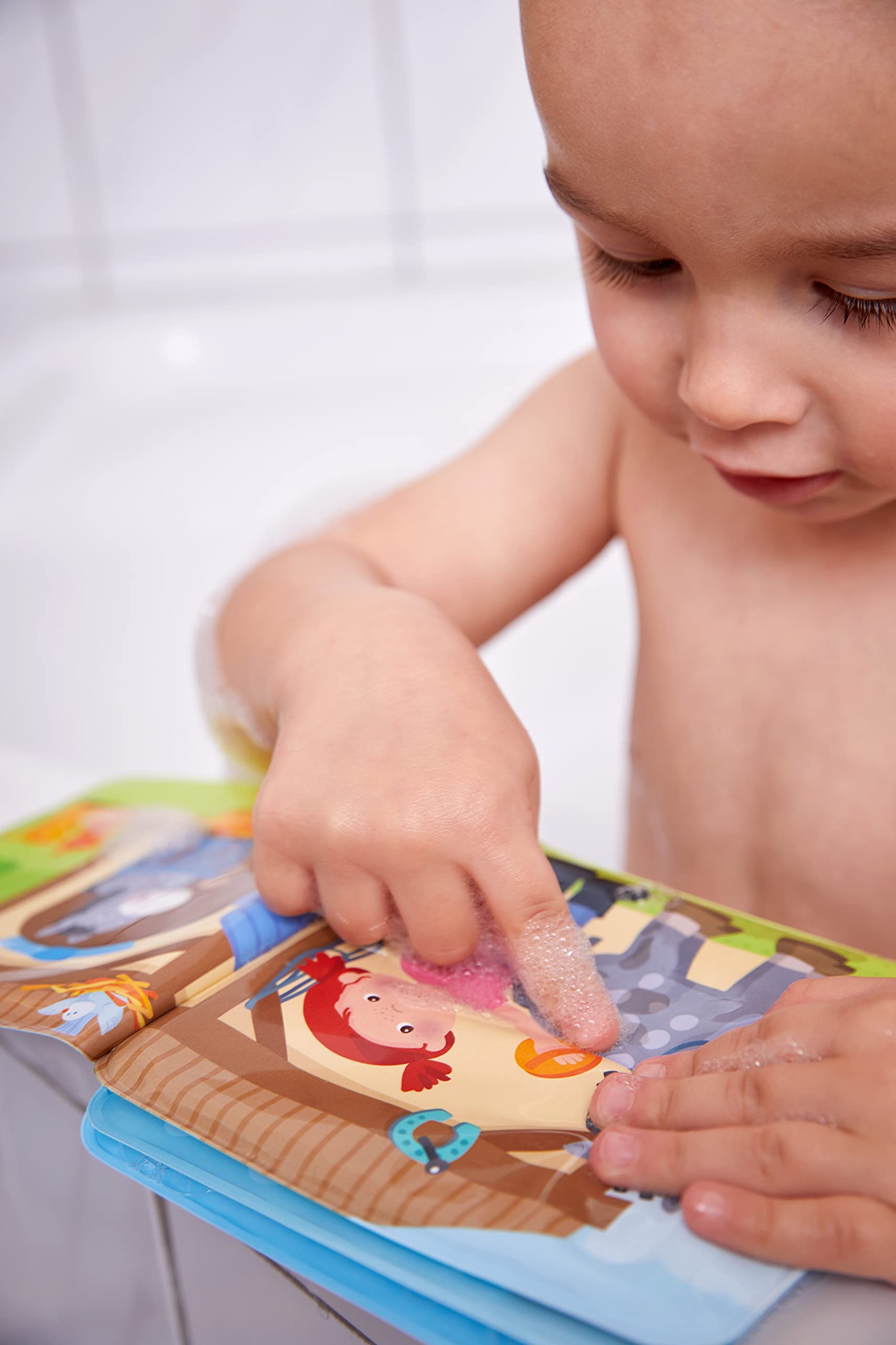 HABA 5.75-inch square pages suit toddlers, easy to wipe after baths.