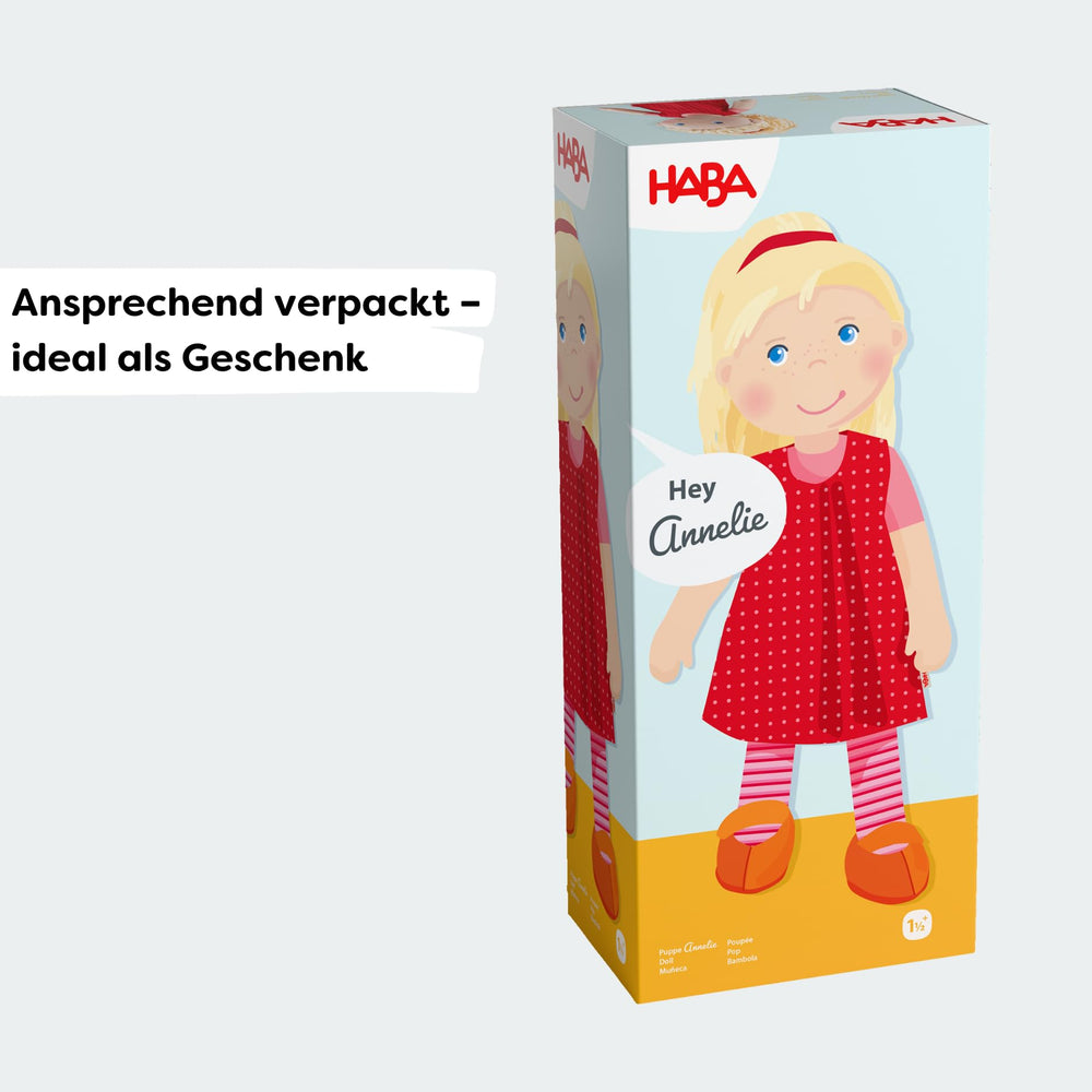 HABA Annelie doll with beanbag base helps sit upright during pretend play.