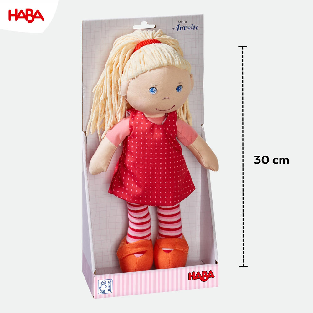 HABA Annelie doll machine washable on cold for easy care.
