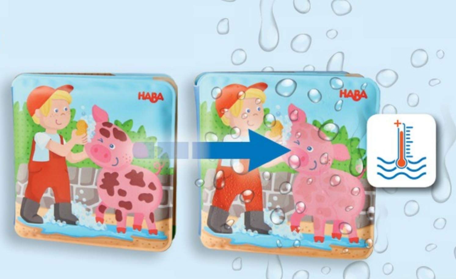HABA bath toy for toddlers shows evolving images in warm water, promoting sensory water play.