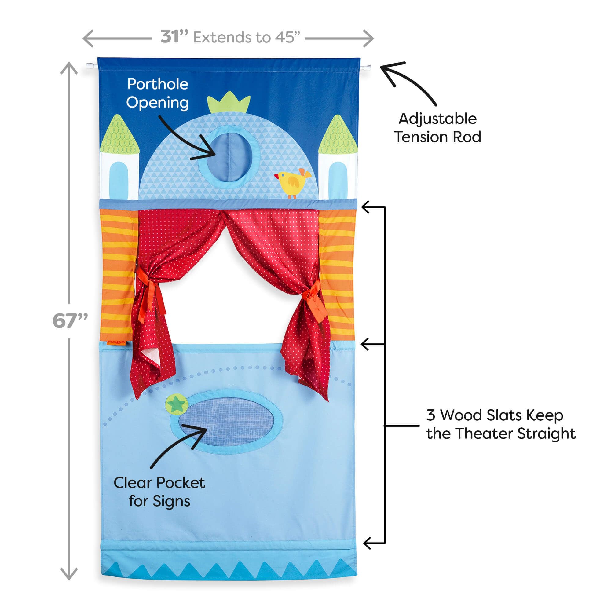 HABA Doorway Puppet Theater with adjustable rod extended fits larger doorways.