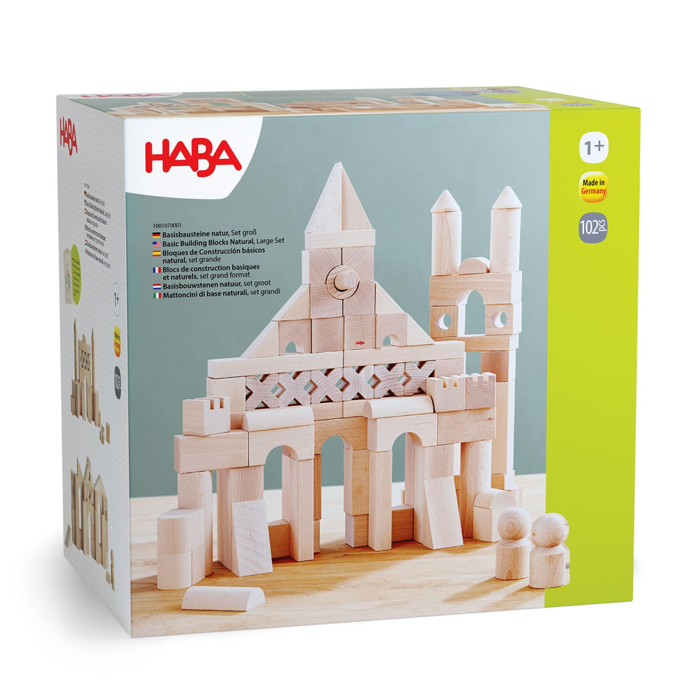 HABA blocks ready for imaginative play, combining with other open-ended toys.