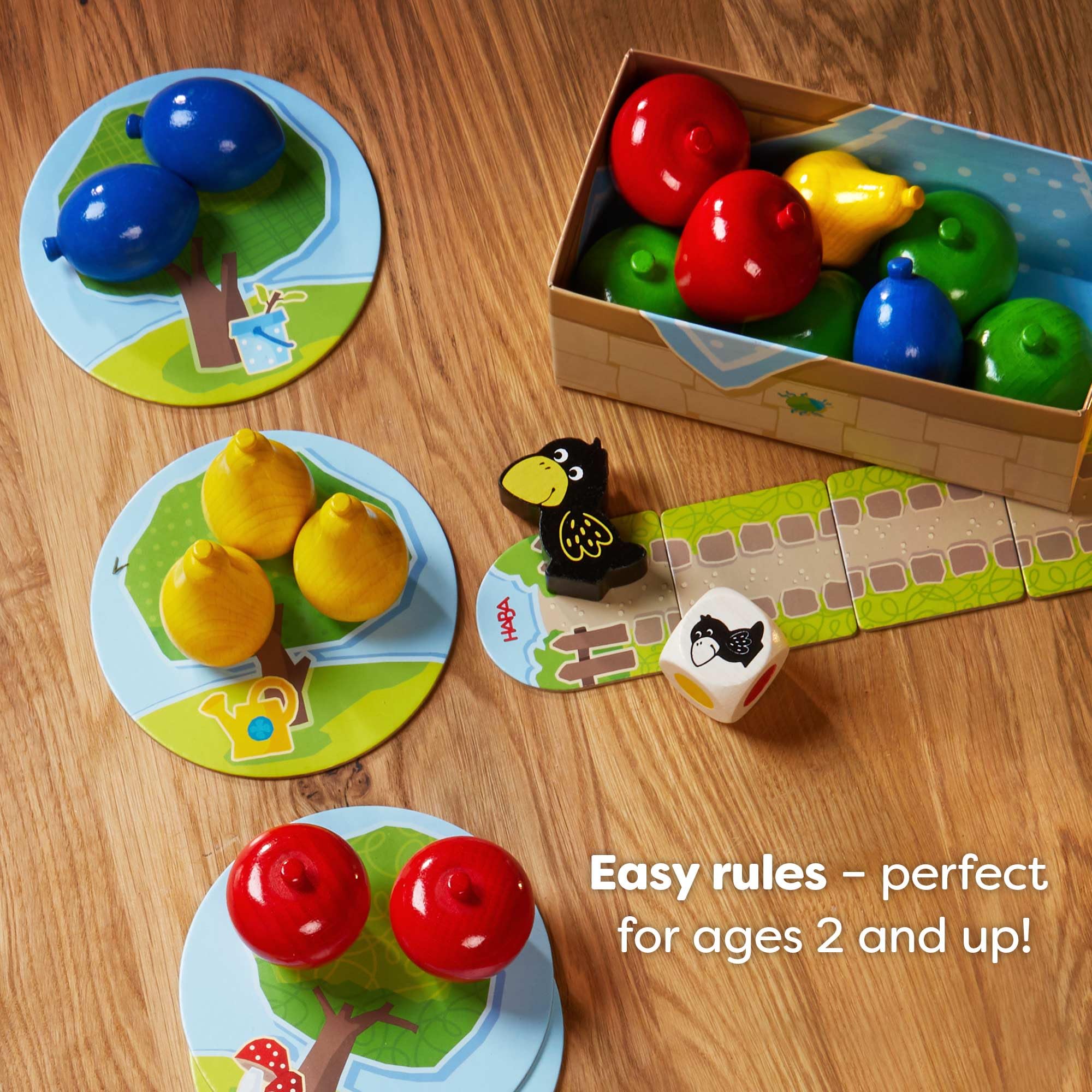 HABA First Orchard raven challenge creates gentle suspense during game.