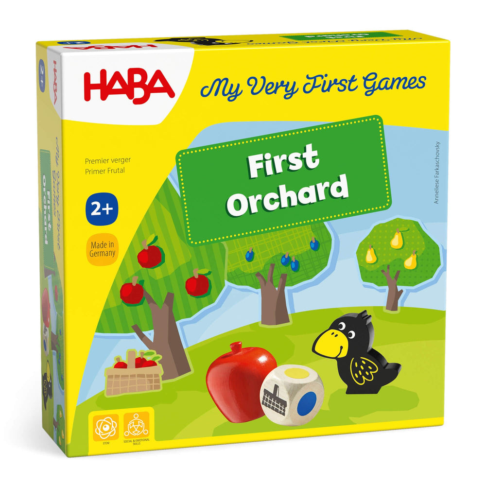 HABA First Orchard wooden fruit pieces for hands-on color and counting play.