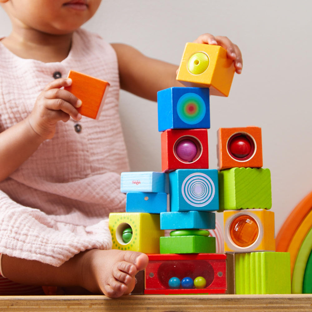 HABA Fun with Sounds blocks closeup reveals textured beech wood and safe finish.