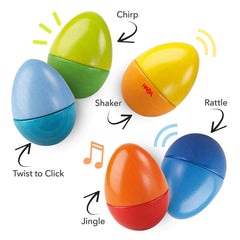 HABA Fun with Sounds eggs tapping sound highlighting fine motor skills and musical curiosity.