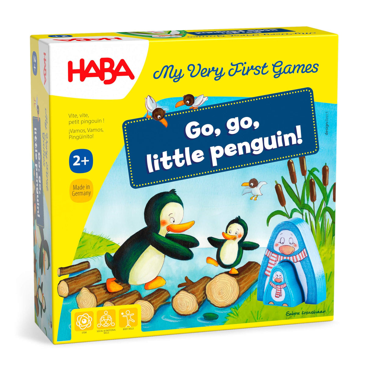 HABA Go, Go Little Penguin in a penguin race setup encouraging cooperative play for toddlers.