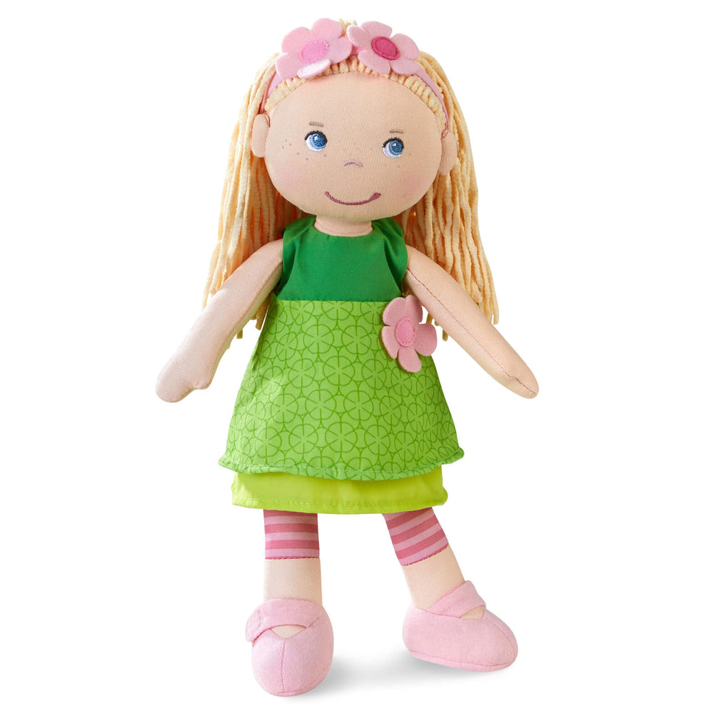 HABA Mali 12-inch doll with green dress, ready for imaginative play.