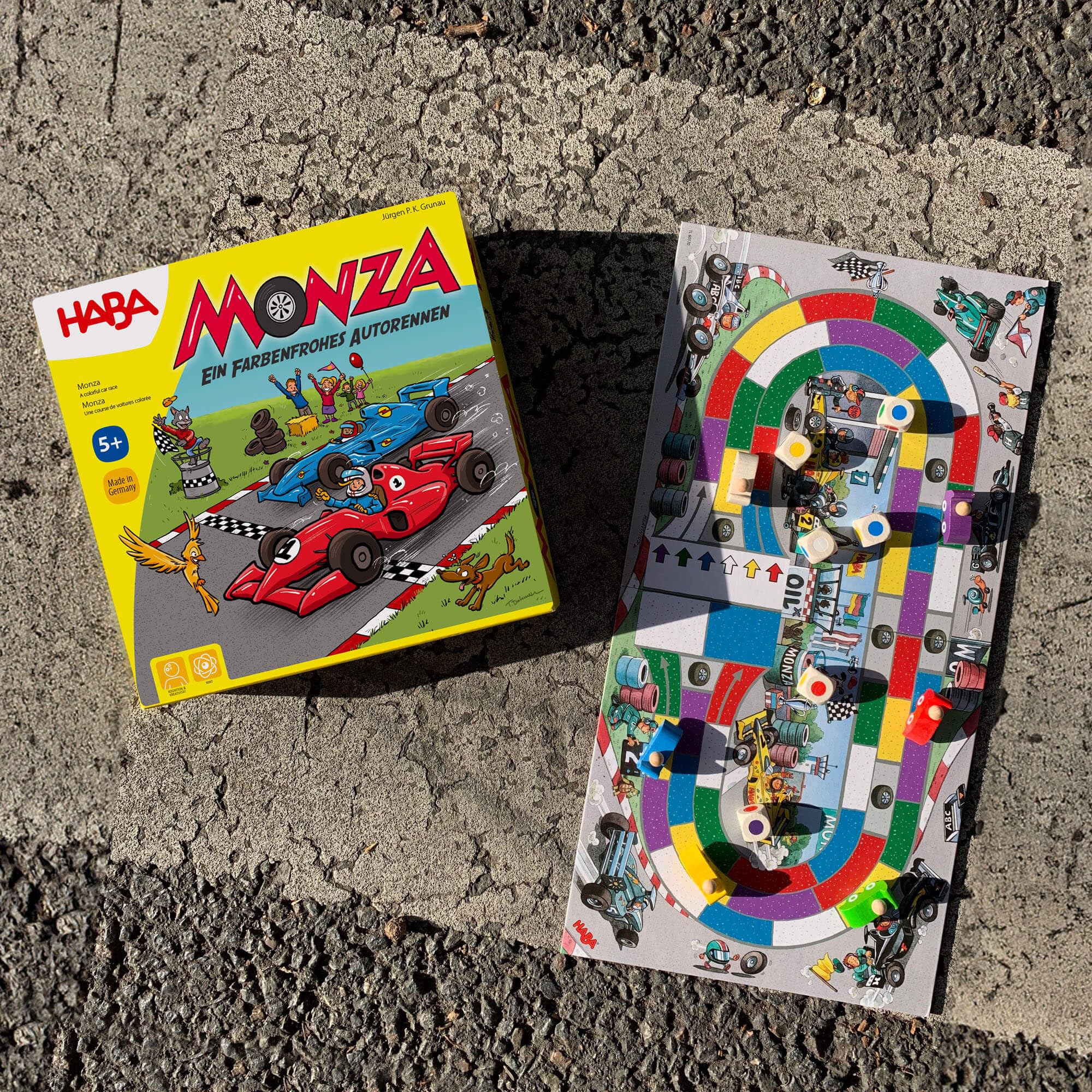 HABA Monza game board with compact, fast-paced race tracks.
