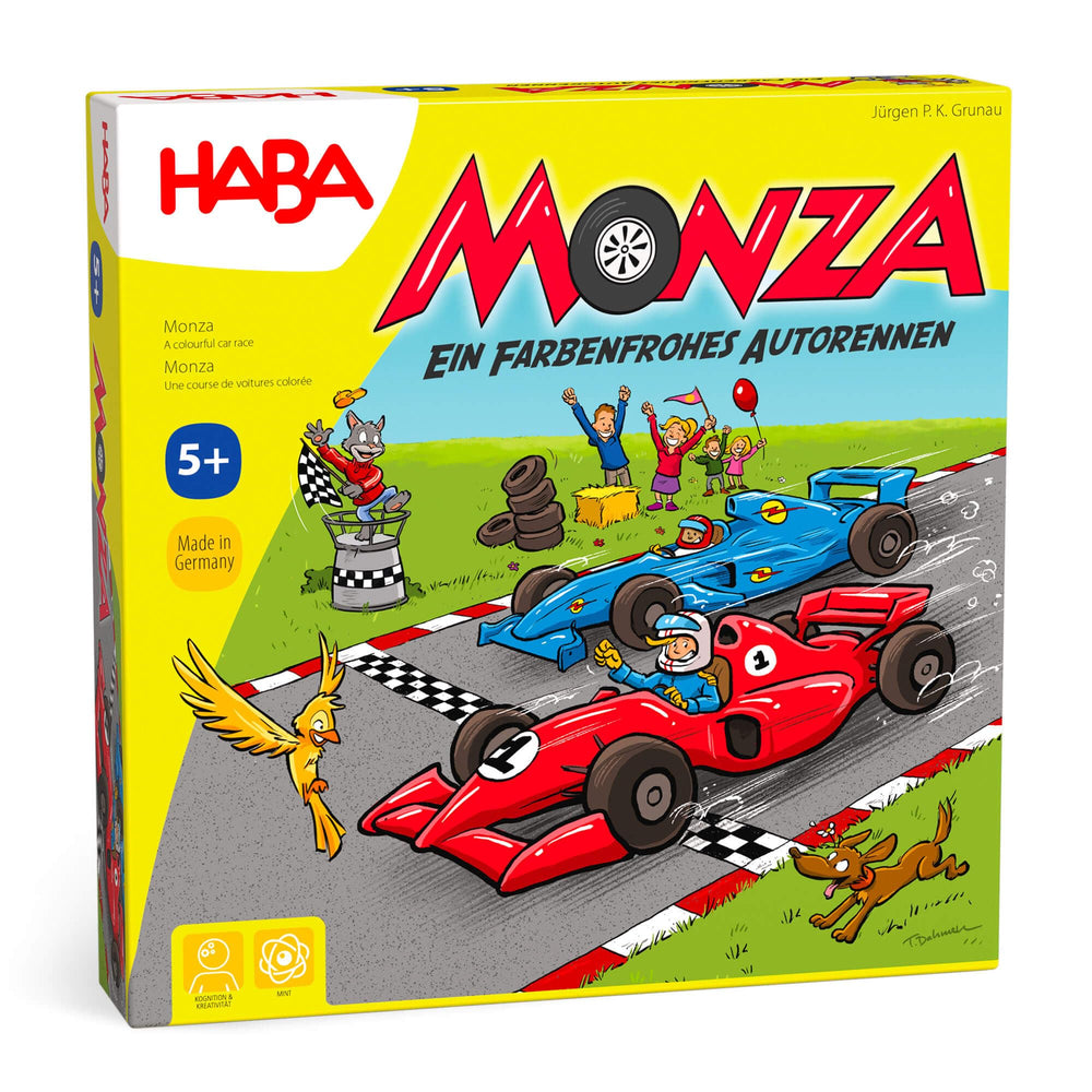 HABA Monza wooden cars for quick, colorful family racing fun.
