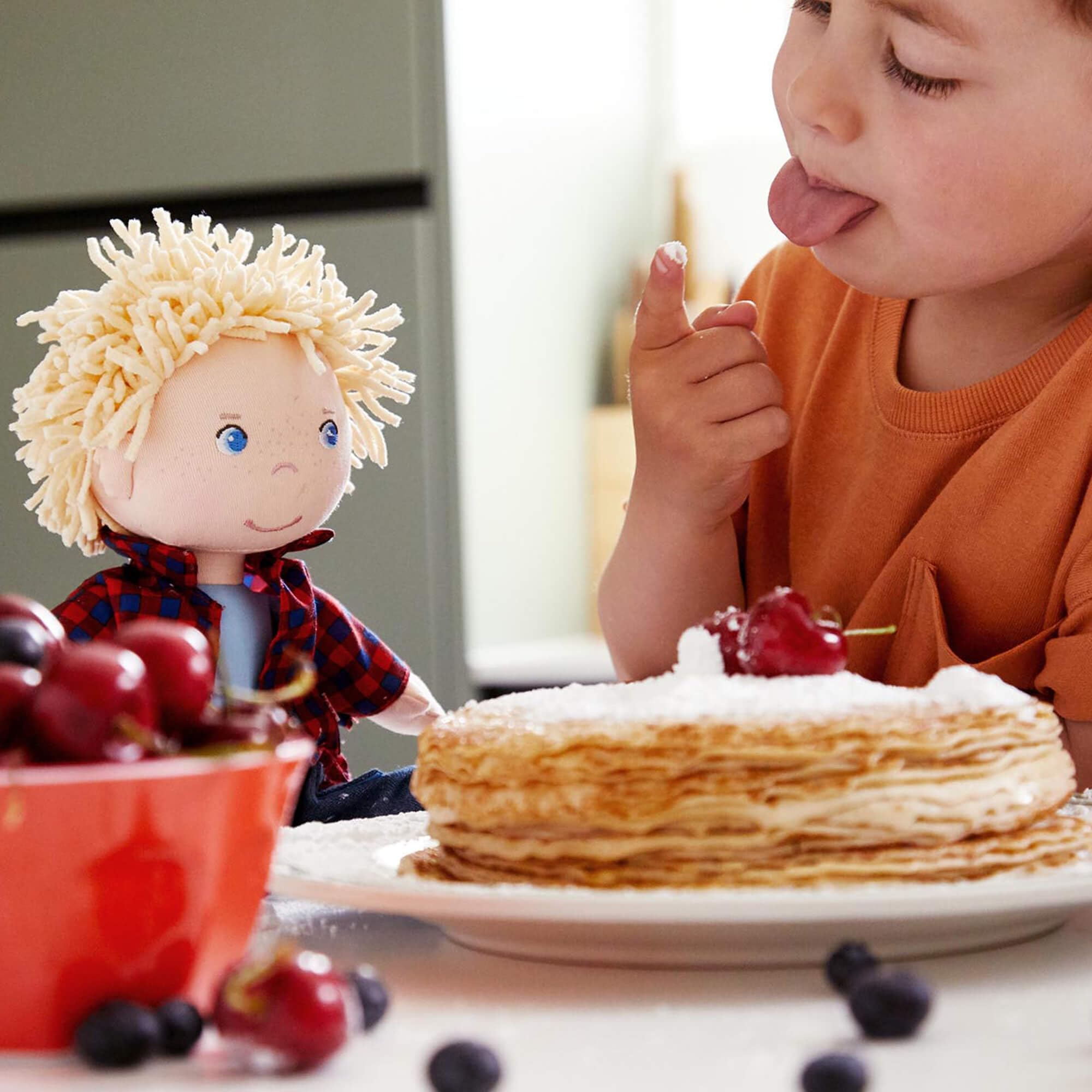 HABA Nick blonde chenille hair adds cozy texture for cuddles