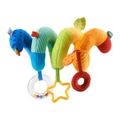 HABA Rainbow Activity Spiral wrapped around a stroller handle for on-the-go multisensory play