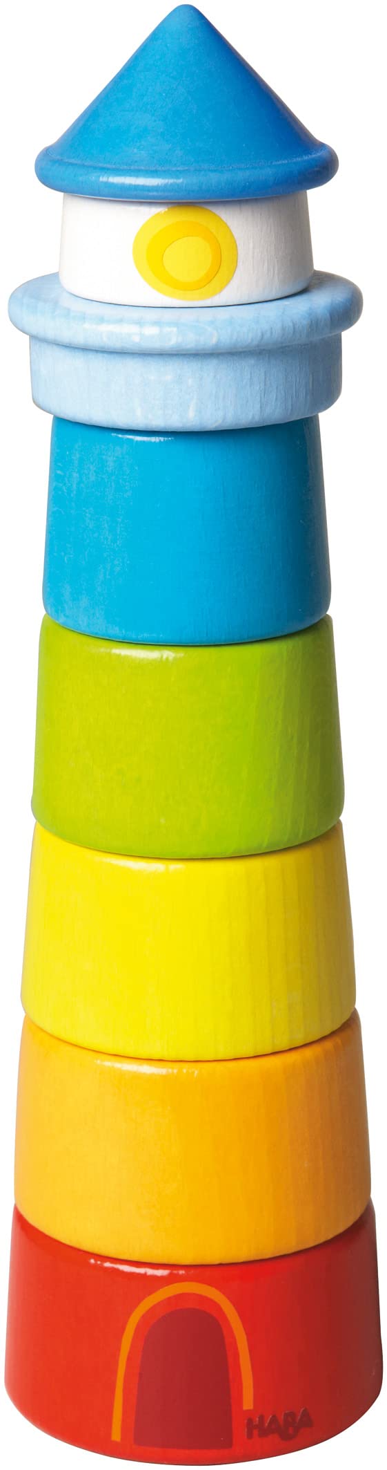 HABA Rainbow Lighthouse wooden blocks ready for stacking to boost color recognition and motor skills.