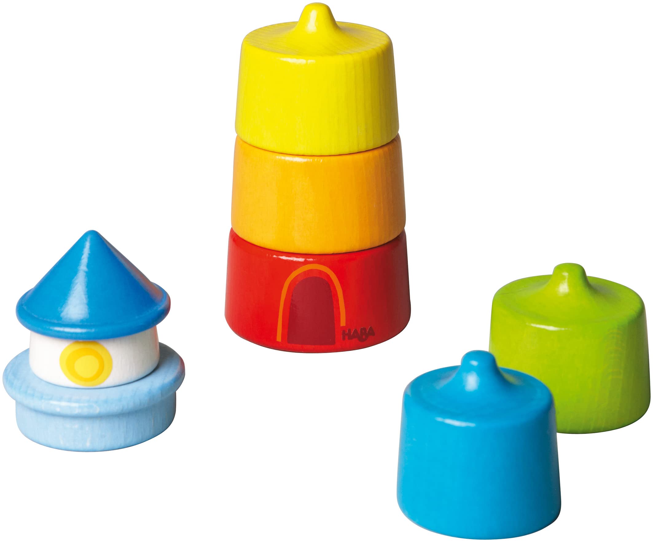 HABA Rainbow Lighthouse blocks emphasize safe, non-toxic craftsmanship for curious toddlers.