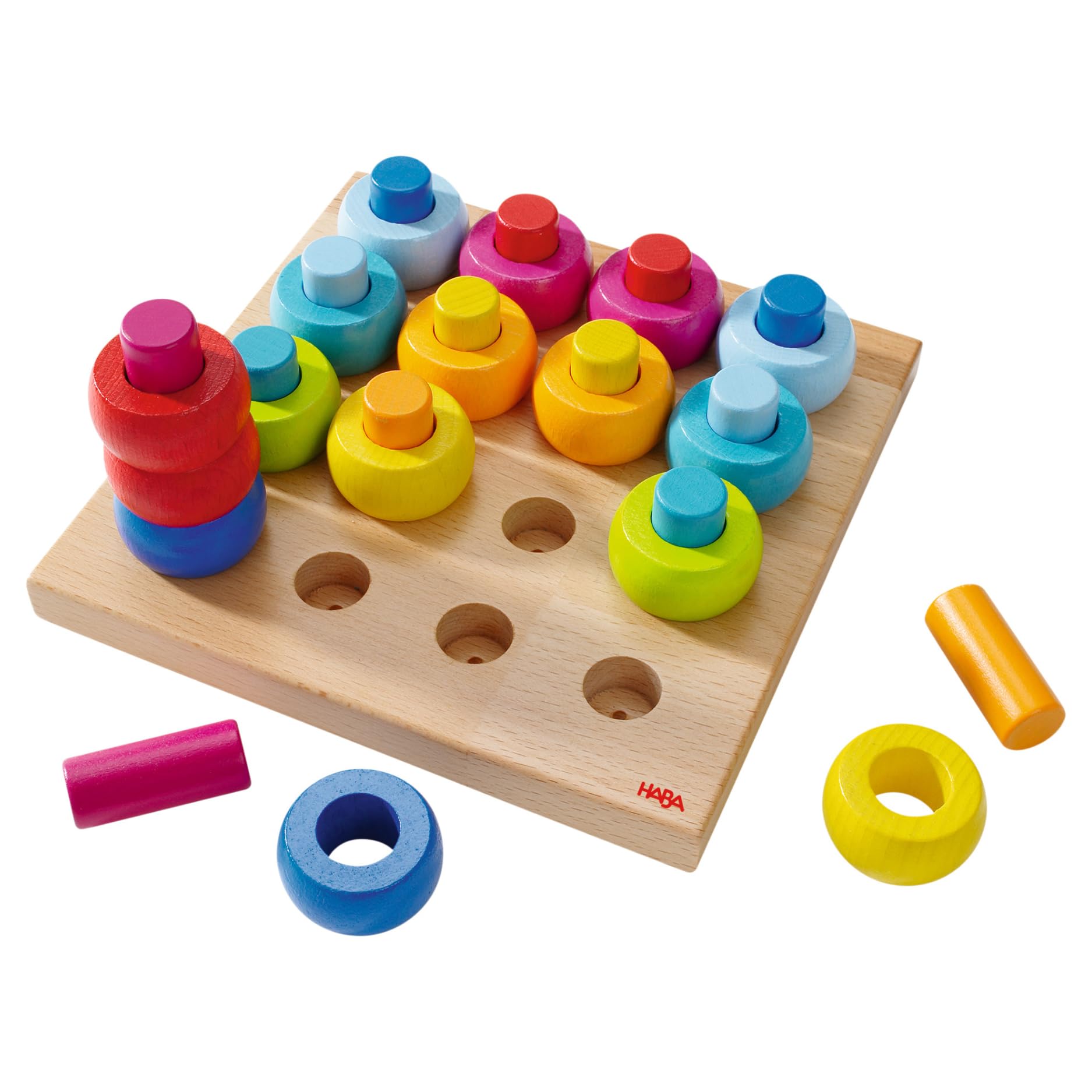 HABA Rainbow Whirls pegs provide colorful stacking for fine motor practice.