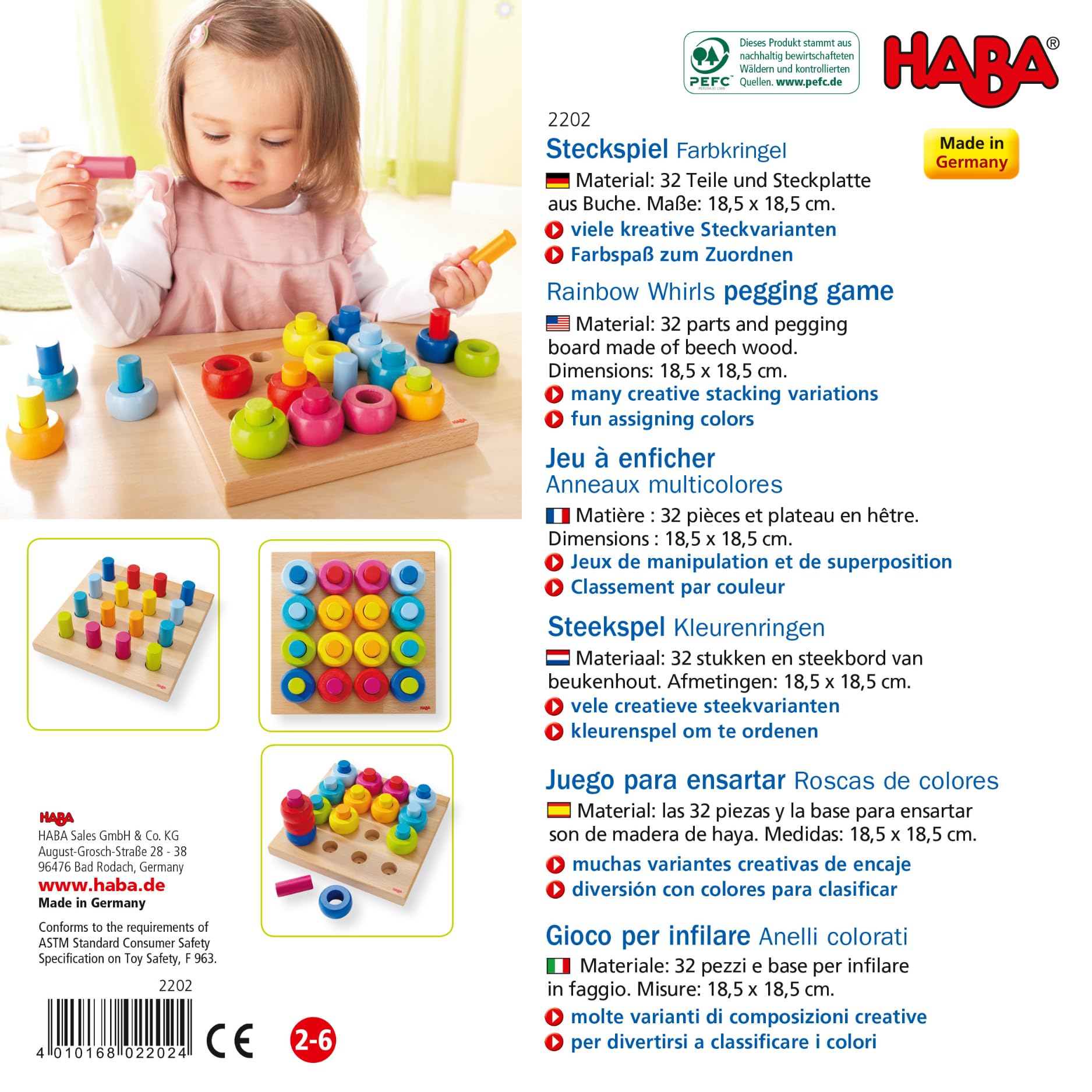 HABA Rainbow Whirls sustainable-wood highlights PEFC-certified beech wood in a safe toy.