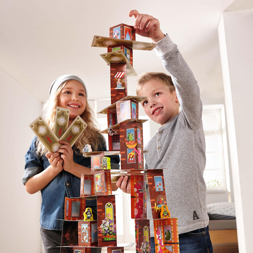 Rhino Hero Super Battle tower-stack action supports quick thinking during play
