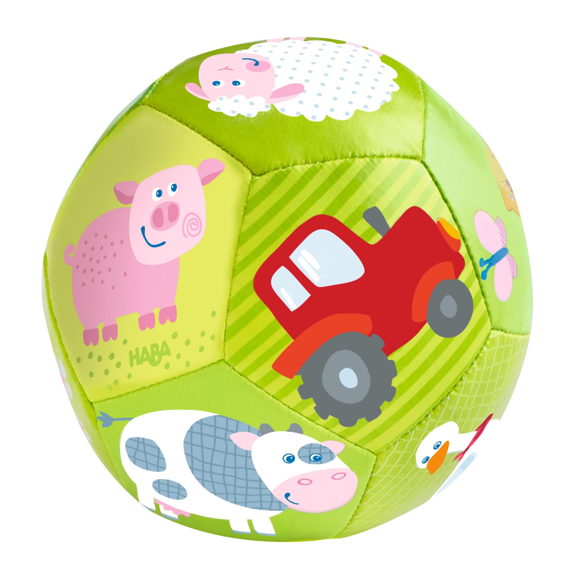 HABA soft baby ball with farm animals for safe tummy time exploration.