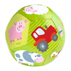 HABA soft baby ball with farm animals for safe tummy time exploration.