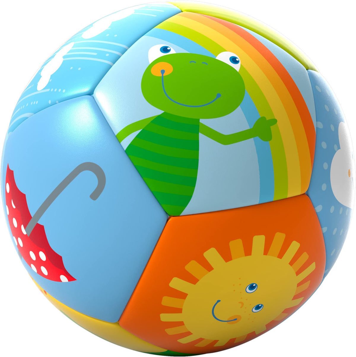 HABA soft baby ball with rainbow animal designs for tummy time and sensory play.