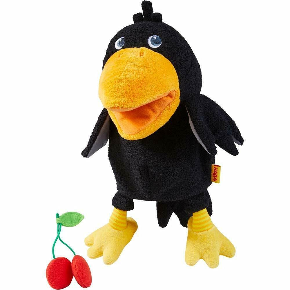 HABA Theo the Raven puppet with open beak encouraging imaginative storytelling.