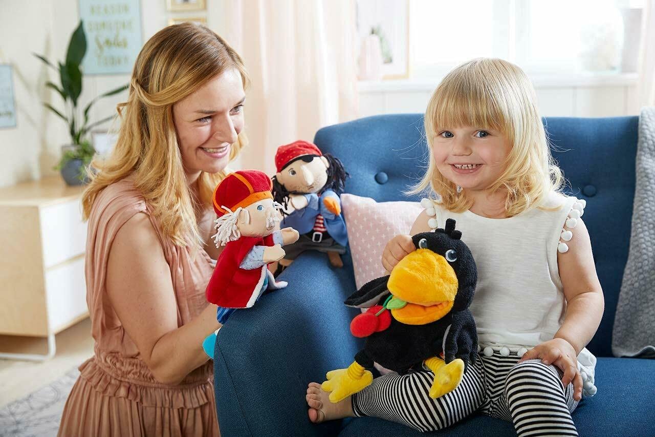 HABA Theo the Raven puppet showcases soft polyester material for gentle hands-on play.