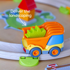 HABA Kullerbu-compatible-truck with track system expands open-ended play.