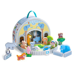HABA wooden animal playset with a compact carrying case for on-the-go zoo adventures.