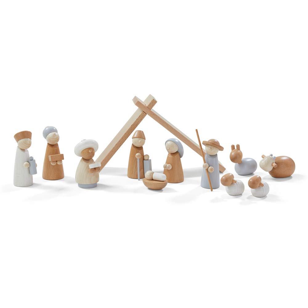 HABA wooden nativity figures in natural colors for timeless holiday storytelling.