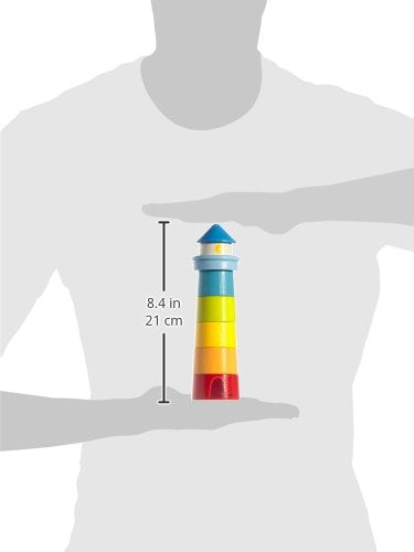 HABA Rainbow Lighthouse wooden stacking toy features sturdy design and easy pivots for simple play.