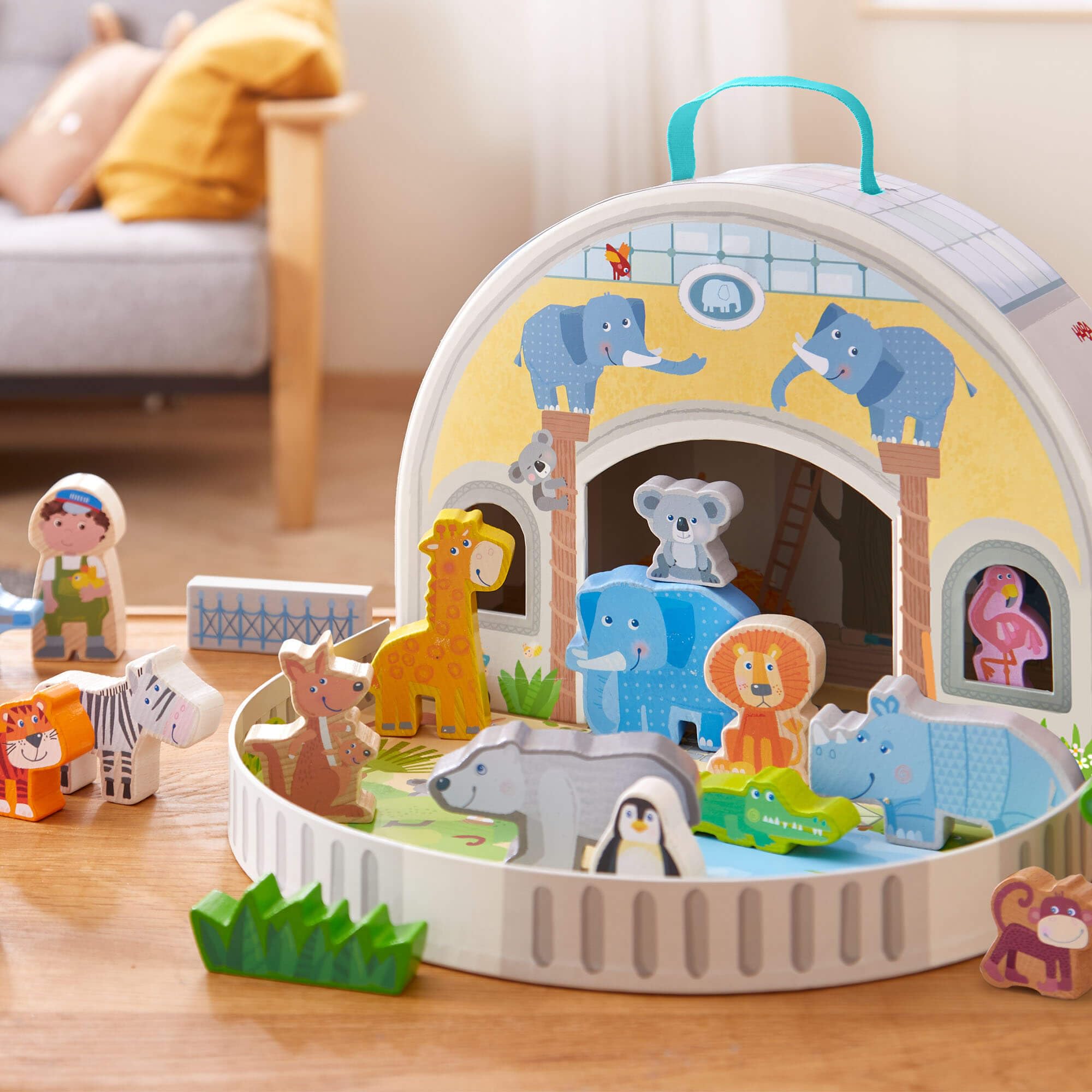 HABA wooden zoo animals figures for imaginative pretend play.