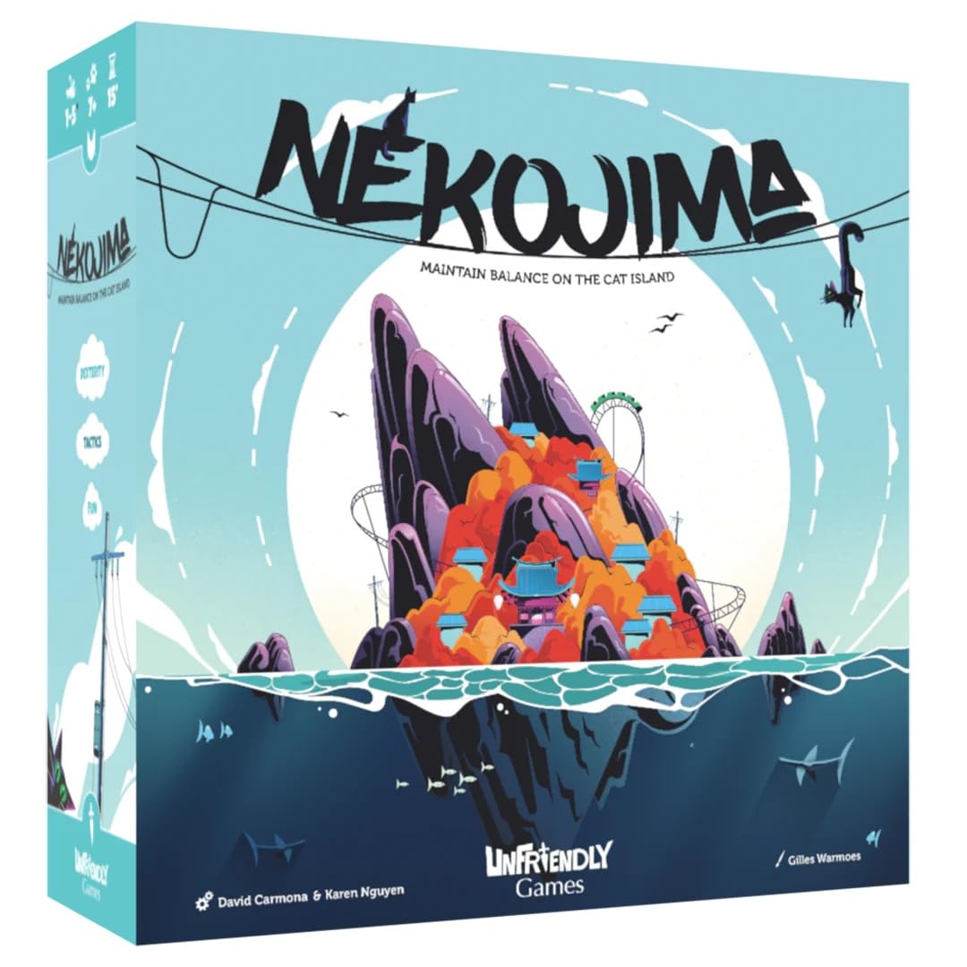 Hachette Nekojima stacking challenge featuring balanced blocks during family play.