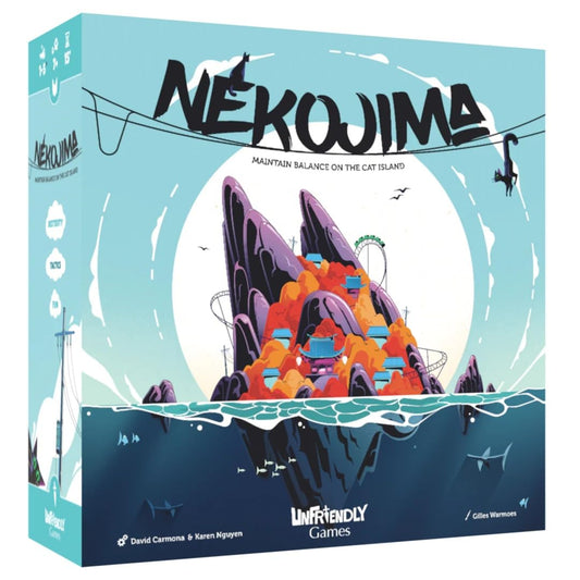 Hachette Nekojima stacking challenge featuring balanced blocks during family play.