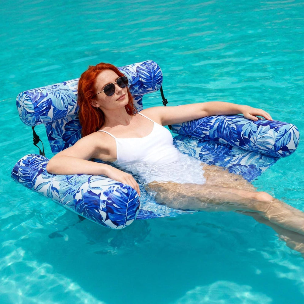 HAGUL blue tropical leaf print float adds vibrant style to pool, beach, or lake days.