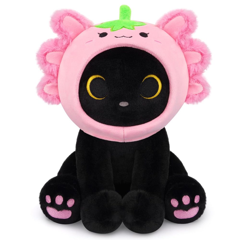 Hagusahuo axolotl plush with cat body and hat, inviting imaginative play and comfort.