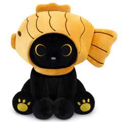 Hagusahuo black cat plush with removable taiyaki hood, ultra-soft and cuddly.