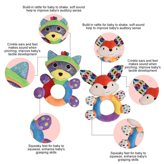 HAHA Baby teething rattle with raccoon plush supports visual tracking and grasp.