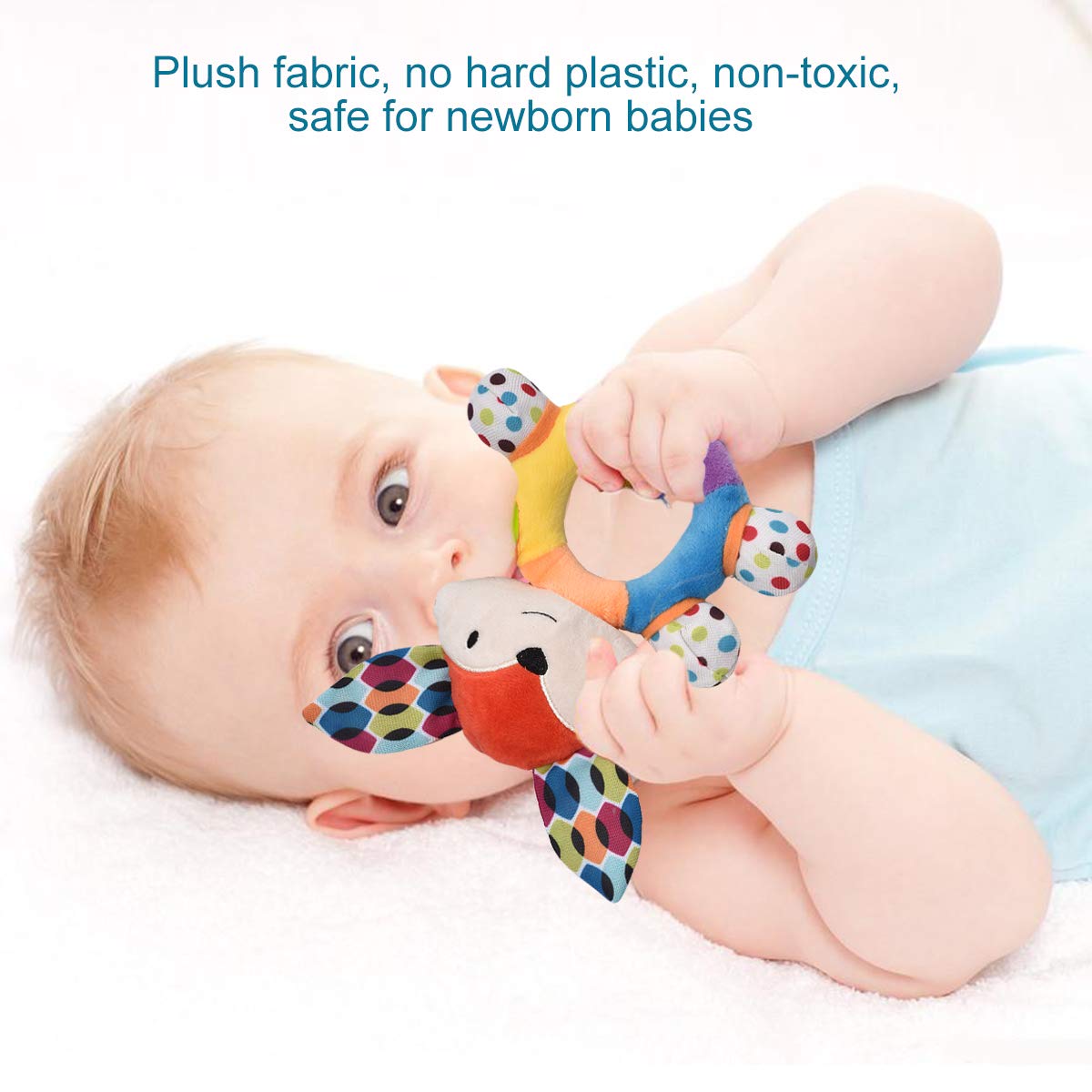 HAHA Baby teething rattle emits a squeaky sound to engage hearing.