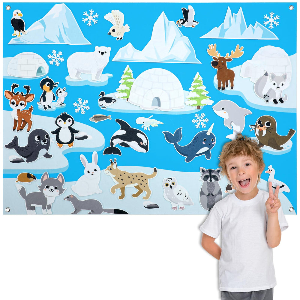 Hahafelt Arctic Animals Board set mounted on wall for interactive storytelling.