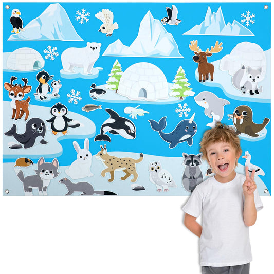 Hahafelt Arctic Animals Board set mounted on wall for interactive storytelling.
