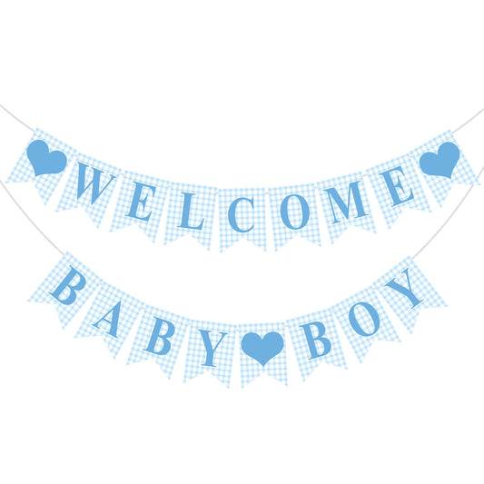 Hahafelt blue gingham welcome banner ready to hang for baby showers